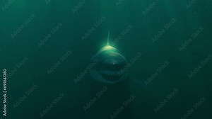 shark swimming underwater. sun reflecting on a shark in the water. 3d animation of a shark swimming in the sea. seabed with swimming shark and the reflection of the sun. sun reflecting across the sea Stock Video