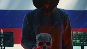 A maniacal russian hacker creating cyber threat alert by holding a skull as concept of cyber espionage and malicious code. Illustration warning of cyber security risks, evil harmful scam. Camera B.