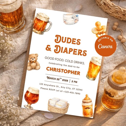 Dudes & Diapers Baby Shower Invitation Template, Editable Dad Shower Invite, Diaper Party Invite, Beer Baby Shower, Canva Template - Etsy