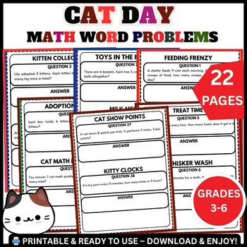 Cat Day Math Word Problem Worksheets, 3rd 4th 5th 6th Grade
