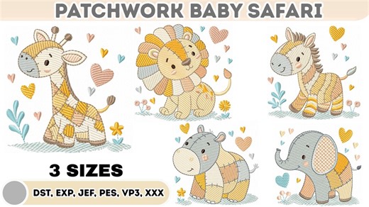 Baby Safari Animal Embroidery Designs - Patchwork Style Machine Embroidery Patterns - Elephant, Lion, Giraffe, Zebra, Hippo - Etsy