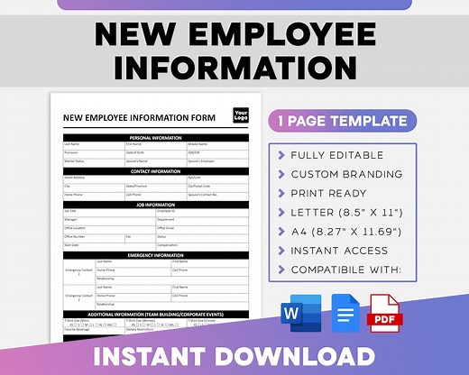 New Employee Information Form | New Hire Form Paperwork | HR Template | Employee Onboarding | Hiring Template - Etsy