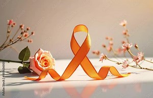 Orange awareness ribbon accompanied by delicate flowers and a rose, symbolizing leukemia awareness and representing hope and support for those affected