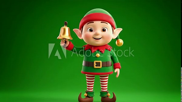 A cute animated 3D elf character wearing a festive outfit rings a golden bell on a green screen background.