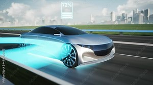 Wireless car charging while driving. Electric car driving on highway. 3d visualization