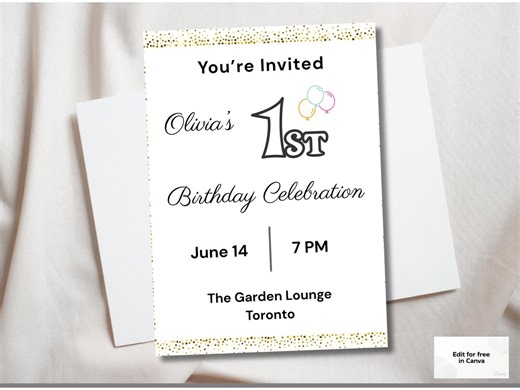 First Birthday Invitation Template, 1st Birthday Party Invite, Editable Canva Template, Minimal Baby Party Invite, Instant Download - Etsy