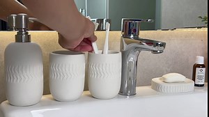 Lilyang Grey Ceramic Bathroom Accessories Set, 4 Pcs Bathroom Accessory Set with Soap Dispenser, 2 Bathroom Tumblers and Soap Dish, Premium Accesorios para Baño for Bathroom Decor