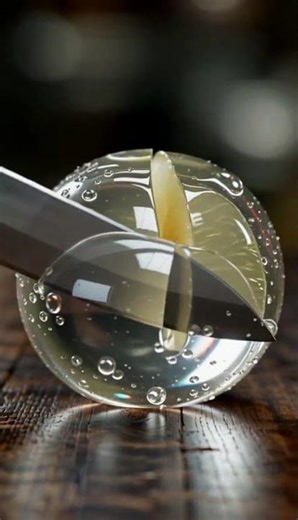 Transparent glass-coated fruit being sliced