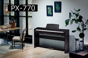 デジタルピアノ Privia PX-770。本日発売です！ しっかり弾ける音と鍵盤を備えたスタンド・ペダル一体型で、奥行き30センチ以下のスリムサイズを実現。 お部屋に合わせて選べる、ブラックウッド調、オークウッド調、ホワイトウッド調の3色のボディカラーをご用意しております。 是非店頭でお試しください！ ■PX-770 http://casio.jp/emi/products/px770/ | Casio 電子楽器