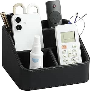 MEIBOOCH Remote Control Holder, PU Leather Small Desk Organizer with 4 Compartments, Nightstand Organizer Desk Caddy for Remote, Notepad, Phone, Glasses, and Accessories (Black)