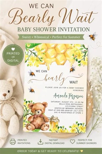 We Can Bearly Wait Baby Shower Invitation | Bee & Teddy Bear Summer Theme