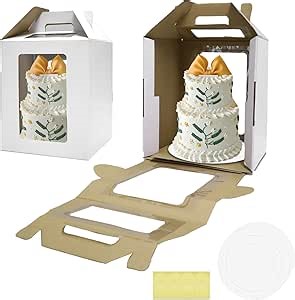 2 Pack Cake Boxes with Cake Boards and Cake Stickers, 12 Inch Tall Cake Carrier with Window&Handle, Layer Cake Box, Disposable Cake Containers/Carrier for Wedding Birthday