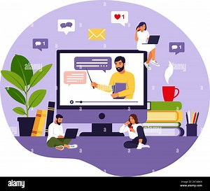Online learning concept. Teacher at chalkboard, video lesson. Distance study at school. Vector illustration. Flat style Stock Vector Image & Art - Alamy
