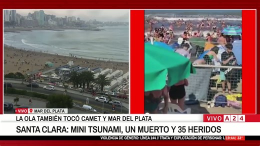 🚨 SANTA CLARA DEL MAR: MINI TSUNAMI, UN MUERTO Y 30 HERIDOS Un fenómeno inusual de olas gigantes sorprendió a turistas en Santa Clara del Mar, provocando la muerte de un hombre y dejando 35 heridos. Defensa Civil investiga las causas mientras se mantienen evacuadas las playas afectadas. | A24.com