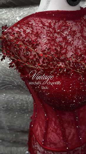 Capturing The Elegance Of Scarlet Red Chantilly Corded Lace, adorned by intricate woven textures mesmerising vintage opulence, available in 12 beautiful shades. Items in this post Faux Chantilly Lace R800 per meter Crystal Beaded Corset R1500 Crystal Appliqué R650 | Moosa's Fabrics
