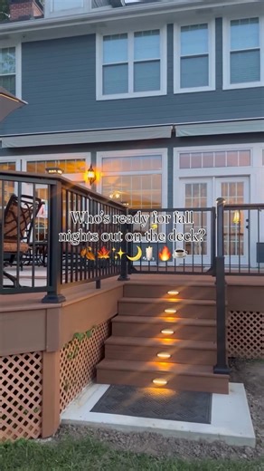 TimberTech on Instagram: "Cooler temps, warmer gatherings. Fall on the deck just feels right. 泥 Decking: (Main Deck) Vintage Collection - Cypress, (Accent Color) Mahogany Railing: Impression Rail Express - Drink Rail - Black : @kamp_co"