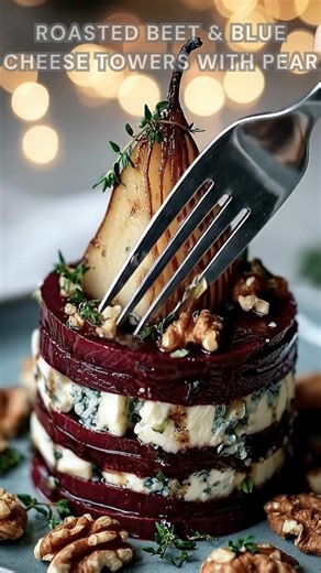 Beets roasted tender and sliced thick. Layer with creamy blue cheese and juicy pear. Drizzle balsamic glaze, scatter toasted walnuts. Bake at 400°F for 1 hour (for beets) earthy, sweet, tangy, and stunning on the plate. Ingredients ➤ 3 large beets, roasted and sliced into ½-inch rounds ➤ 6 oz blue cheese (Roquefort or Gorgonzola), sliced or crumbled ➤ 1 firm ripe pear, quartered and cored ➤ Juice of ½ lemon ➤ 2 tbsp balsamic glaze ➤ ¼ cup toasted walnuts ➤ Fresh thyme sprigs FULLL Recipe in Firs
