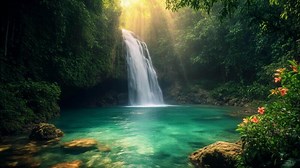 Download Beautiful waterfall in tropical forest with sun rays for free