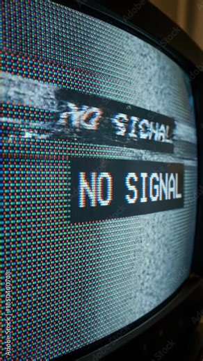Television screen displaying static interference. No signal message appears on display. Broadcast failure sequence showing tv malfunction and signal loss concept for tech troubleshooting. Vertical