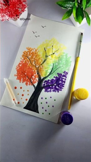 Amazing Tree Painting with Cotton Buds | Easy Watercolor Art Idea 🌳🎨#art #drawing #tree
