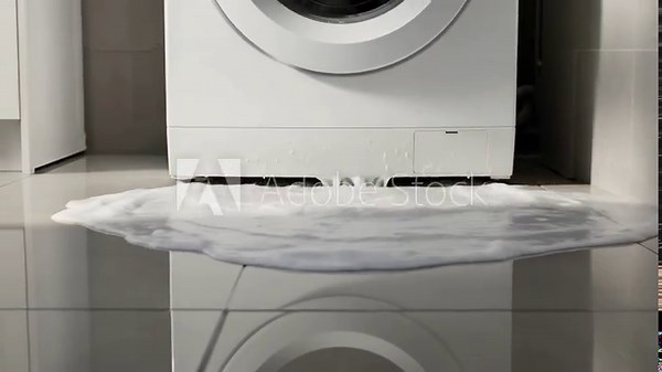 Washing machine malfunction with foam leaking onto the floor, showcasing a common household appliance problem over time.