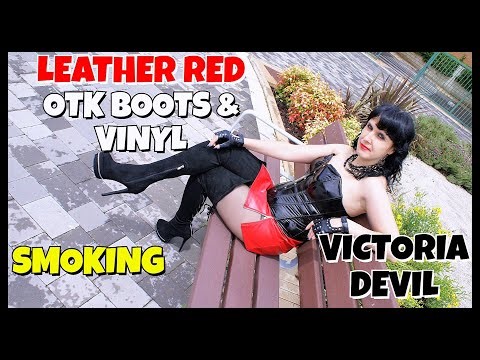 Victoria Devil ❤️ Red Leather Mini Skirt and Vinyl Corset (OTK Boots Style).