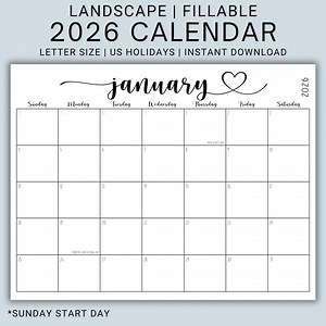 2026 Editable Calendar PDF | Fillable Monthly Planner Pages | Landscape Layout | Printable Schedule Organizer | Digital Download | CFWH - Etsy
