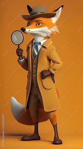 Cartoon digital avatar of a determined fox detective, holding a magnifying glass while investigating a perplexing crime scene.