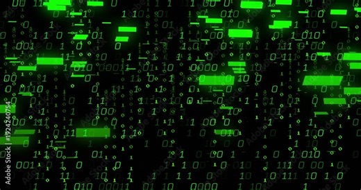 Input pulse starting green binary streams falling and neon bars merging showing rising data density