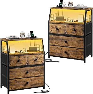 EnHomee Nightstands Set of 2, Bedside Table with Charging Station & LED Lights, End Table with 4 Fabric Drawers, Furniture for Bedroom, Dorm, Closet, Entryway, Wood Top, Rustic Brown