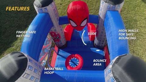 Marvel Spider-Man Outdoor Bounce House with Slide, Plus Heavy Duty Air Blower with GFCI for Kids Ages 3-8 Years