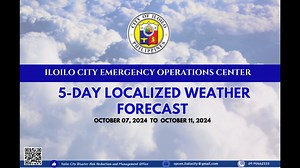 10-07-2024 𝐈𝐋𝐎𝐈𝐋𝐎 𝐂𝐈𝐓𝐘 𝐄𝐌𝐄𝐑𝐆𝐄𝐍𝐂𝐘 𝐎𝐏𝐄𝐑𝐀𝐓𝐈𝐎𝐍𝐒 𝐂𝐄𝐍𝐓𝐄𝐑 𝐀𝐃𝐕𝐈𝐒𝐎𝐑𝐘 ILOILO CITY 5-DAY WEATHER FORECAST As of OCTOBER 7, 2024 - MONDAY | 10:00 AM Forecast for MONDAY | October 7, 2024 Iloilo City will experience partly cloudy to cloudy skies with rain showers and thunderstorms. The Intertropical Convergence Zone (ITCZ) affecting Visayas The temperature will range from 26°C to a maximum of 32°C, with a heat index reaching to 42°C, and humidity at 82%. Expect clou