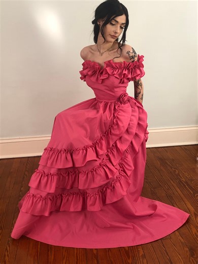 80s Pink Taffeta Prom Gown With Ruffles Footloose Disco Dress Formal Southern Belle 1800s Style Ballgown