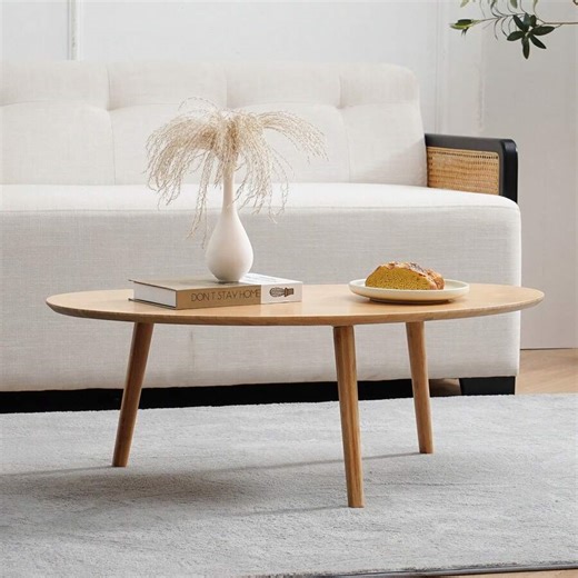 Small Oval Coffee Table, 33.85" Mid Century Modern Coffee Table For Living Room Study Room, Solid Wood Side Table, Center Table (Nature Wood Color, 33.85"Wx18.90"Dx12.40"H)