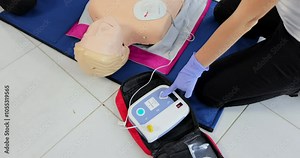 CPR training medical procedure workshop. Demonstrating chest compressions and use of AED automatic defibrillator on CPR doll