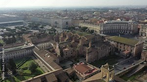 Ancient ruins in Rome (Italy) - the site of the Baths of Diocletian (Terme di Diocleziano), the Basilica of Santa Maria degli Angeli e dei Martiri and Piazza Esedra or della Repubblica. Aerial view