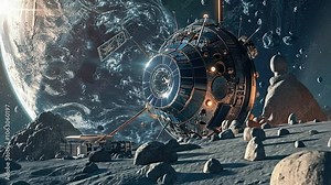 Cosmic Crash: A derelict spaceship lies in ruins on a desolate alien moon, its once-gleaming exterior now scarred and broken. Debris scatters across the lunar landscape.