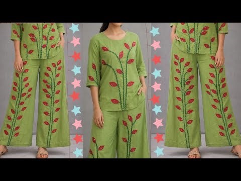 “Elegant Green Embroidered Palazzo with Red Leaf Detailing2026 for festival wearing plazoo 