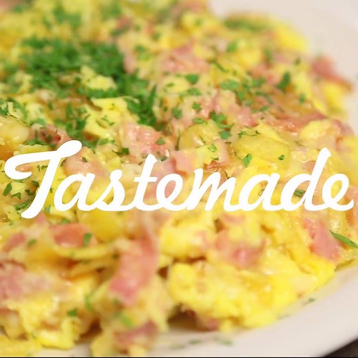 Argentinian Hangover Omelette: Revuelto Gramajo Ingredients 2 potatoes 500 ml vegetable oil 2 tablespoons extra virgin olive oil 4 thin slices ham (preferably jamón ibérico) 3 large eggs Salt and pepper | Tastemade