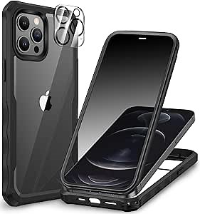 CENHUFO Privacy for iPhone 12 Pro Max Case, Full Body Phone Case with Built-in 9H Tempered Glass Privacy Screen Protector and Camera Lens Protector, Anti Peep Shockproof Bumper Clear Cover - Black