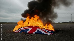 An Engulfed Union Jack: A Symbolic Representation of Protest Through the Burning of a Flag on a Grey Cloudy Day