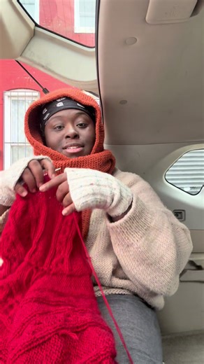 It was a cold day but I wanted to get out and do some car knitting! I finished the collar and I’m on the sleeve! The pattern is the syrup sweater. #knitting #syrupsweater #sweater #red #knittok