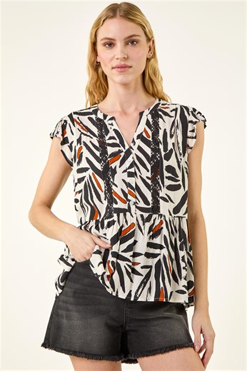 Black Abstract Print Lace Tunic Top | Roman UK