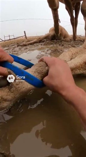 Hands Prying Plastic in a Tight Muddy Camel Pen