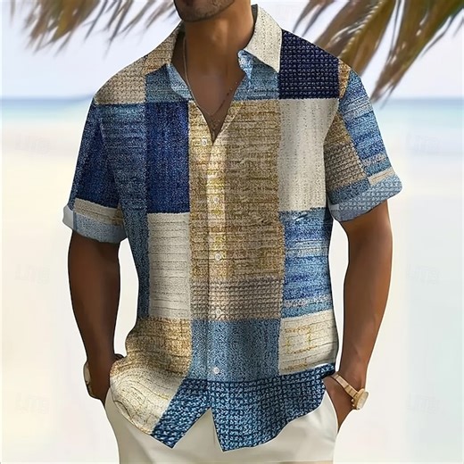 Men's Geometric Color Block Patchwork Shirt Button Up Shirt Short Sleeve Fashion Casual Vacation Holiday Streetwear Summer Turndown 3D Print Collared Shirts Front One Pocket Dark Yellow Blue Brown 2025 - $8.99