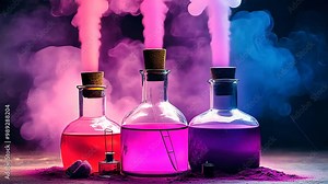 Colorful chemical flasks releasing vibrant smoke, highlighting laboratory experiments, scientific reactions, and innovative chemistry processes.