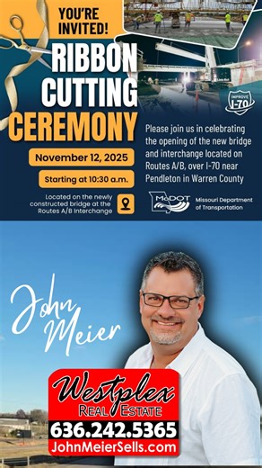🎀✂️ BIG NEWS for Warren County! ✂️🎀 You’re invited to celebrate the official Ribbon Cutting Ceremony for the brand-new bridge and interchange on Routes A/B over I-70 near Pendleton! 🚗💨 🗓 Tuesday, November 12, 2025 ⏰ Starting at 10:30 a.m. 📍 Located on the newly constructed bridge at the Routes A/B Interchange This project is part of MoDOT’s Improve I-70 initiative, designed to enhance safety, reduce congestion, and make travel smoother for everyone who lives, works, and drives through Warr