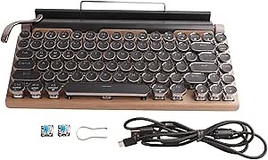 PUSOKEI Retro Typewriter Keyboard, Wireless Mechanical Gaming Keyboard, 83 Keys, Bluetooth Punk RGB Backlit, Blue Switch, Metal Round KeyCap, for PC Laptop Phone (Wood Grain Color)