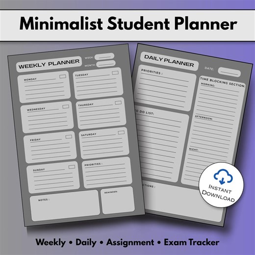 Minimalist Student Planner | Weekly, Daily, Assignment, Exam Tracker (digital PDF) - Etsy