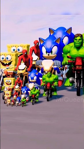 Big & Small SpongeBob vs Spiderman vs Sonic vs Hulk on a motorcycle vs Thomas the Tank Engine Train